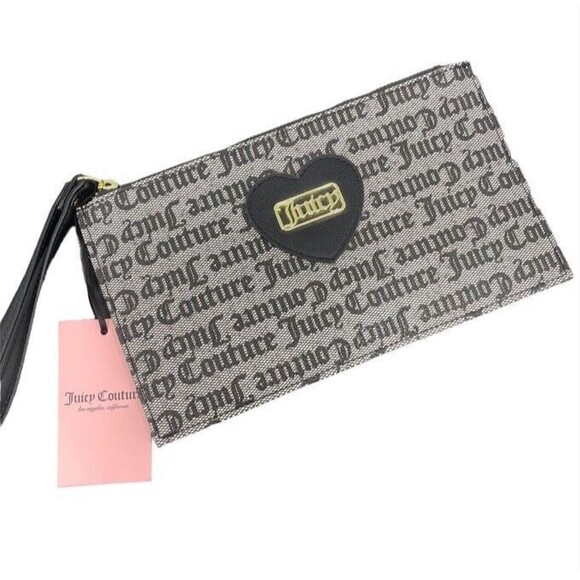 Juicy Couture Gothic Logo Free Spirit Zipper Wristlet Wallet Black Monogram NEW - Picture 1 of 8